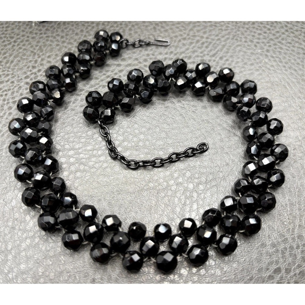 Vintage Black Faceted Crystal Wired Triple Row Bead Necklace Choker Gothic Style